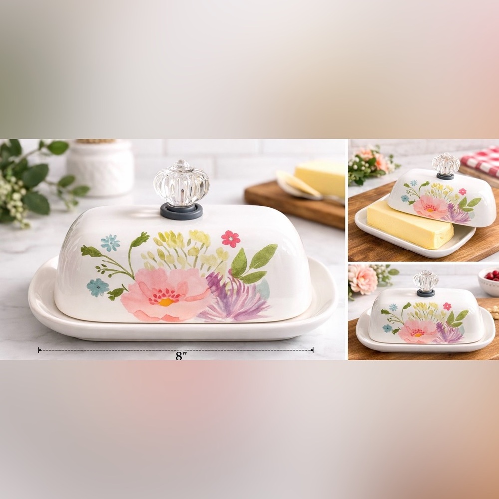 Dolly Parton Floral Stoneware Butter Dish With Lid Farmhouse Cottage Kitchen